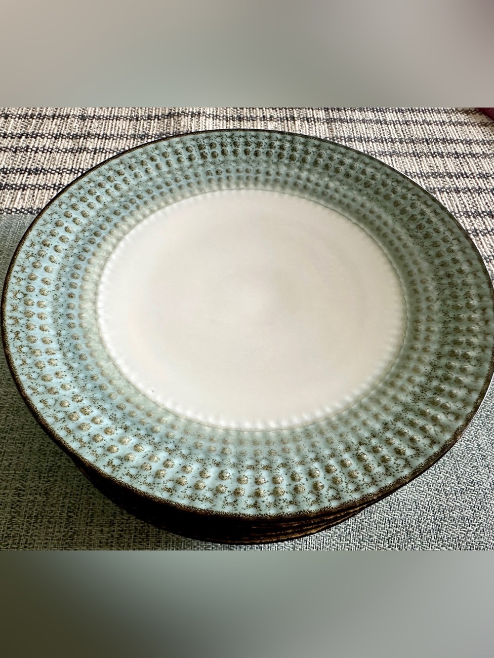 Pier1 Imports Allison 11 5/8” Dinner Plates Bluegreen Edge With Brown Rim x2 EUC